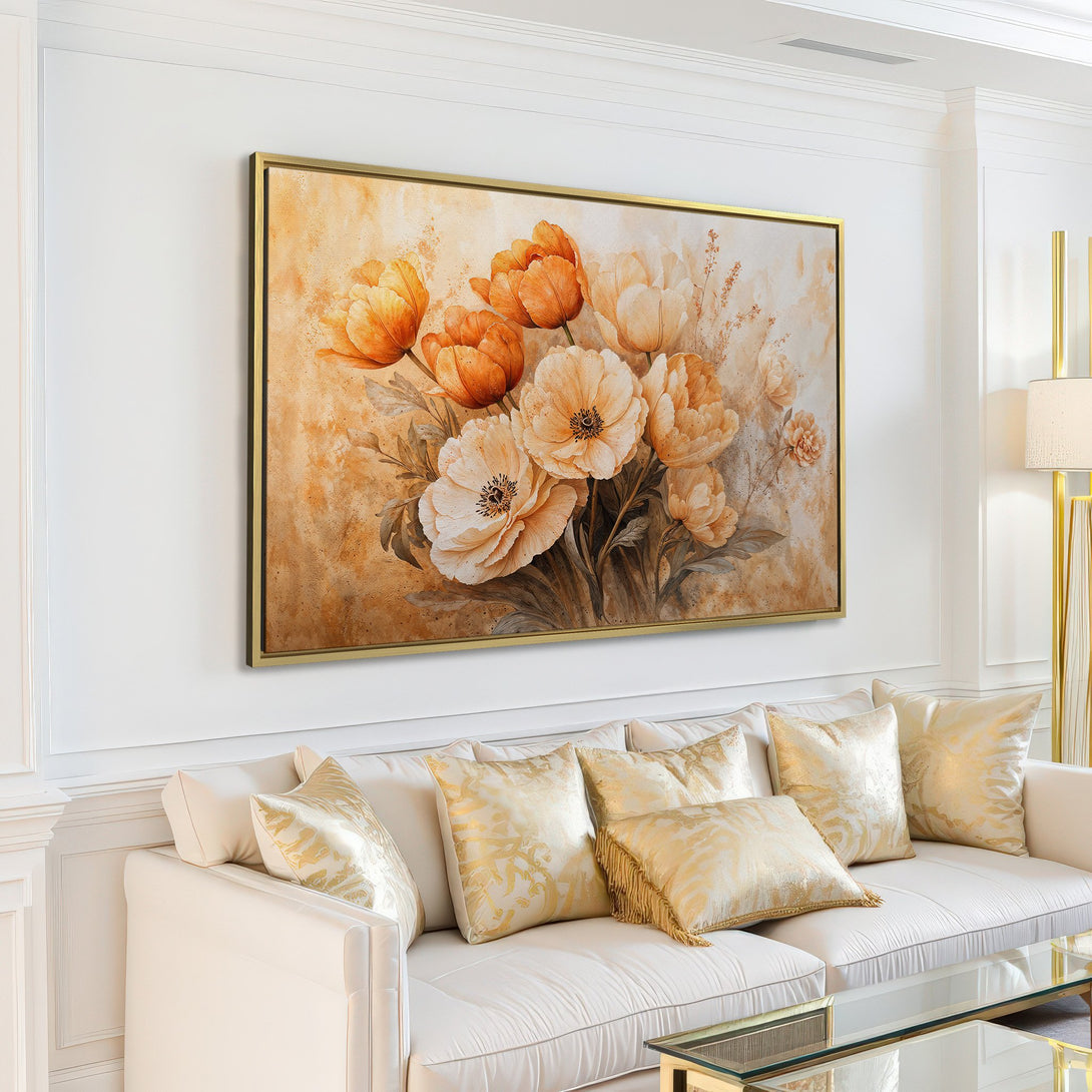 Canvas Print of watercolor floral art in warm, neutral tones. Perfect for adding a touch of elegance to your living room.