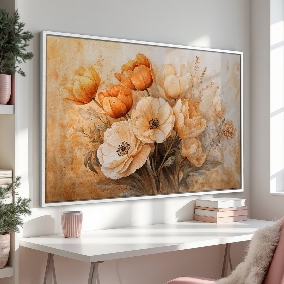 Framed Wall Art featuring watercolor floral art in warm orange and beige tones. Perfect for adding a touch of elegance to any space.