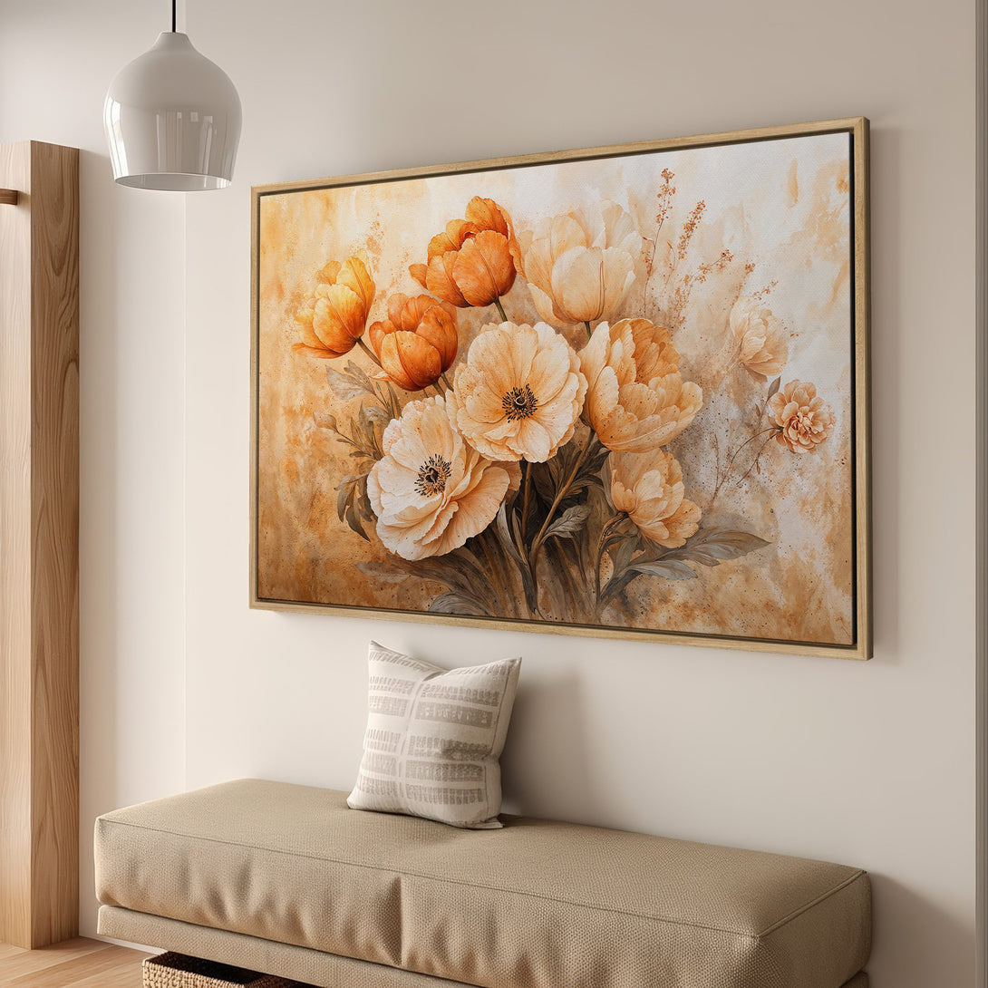 Framed Wall Art: Watercolor floral print in warm orange and beige tones. Perfect for adding elegance to any space. Shop now!