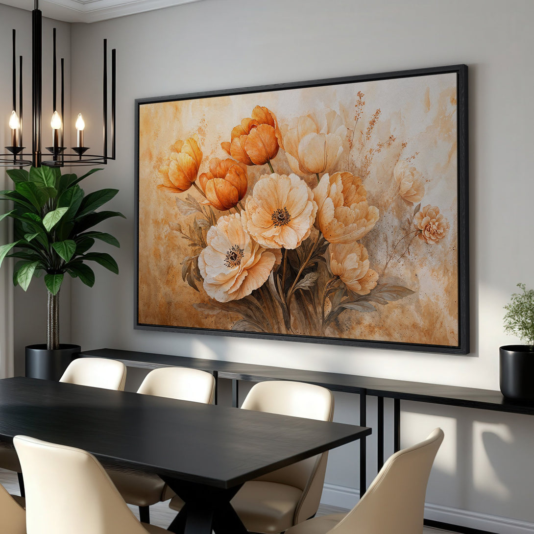 Framed Wall Art: Elegant floral canvas print in warm orange and beige tones. Perfect for dining rooms, adding a touch of sophistication and style.