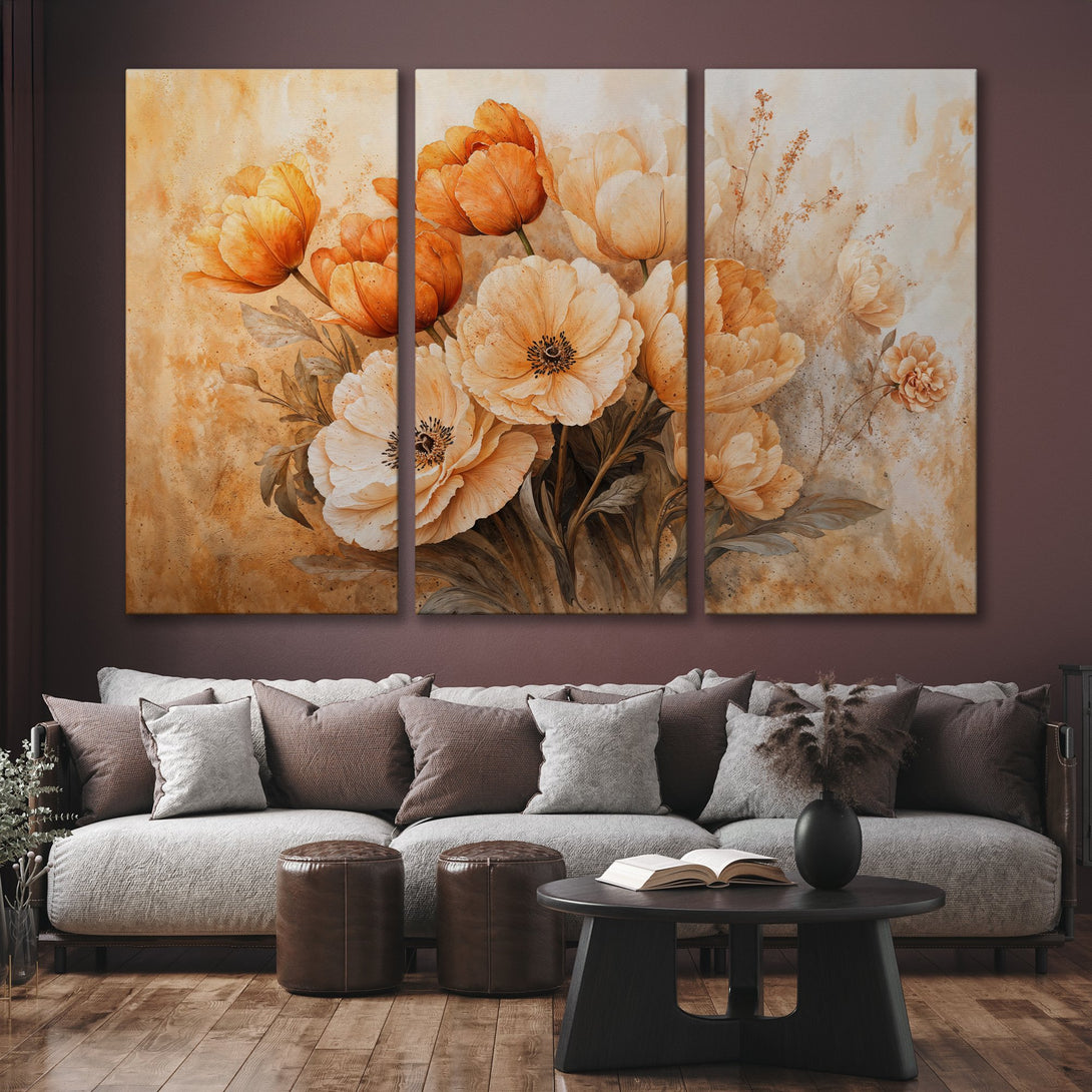 Canvas Print of watercolor floral art in warm orange and beige tones, perfect for adding a touch of elegance to your living room.