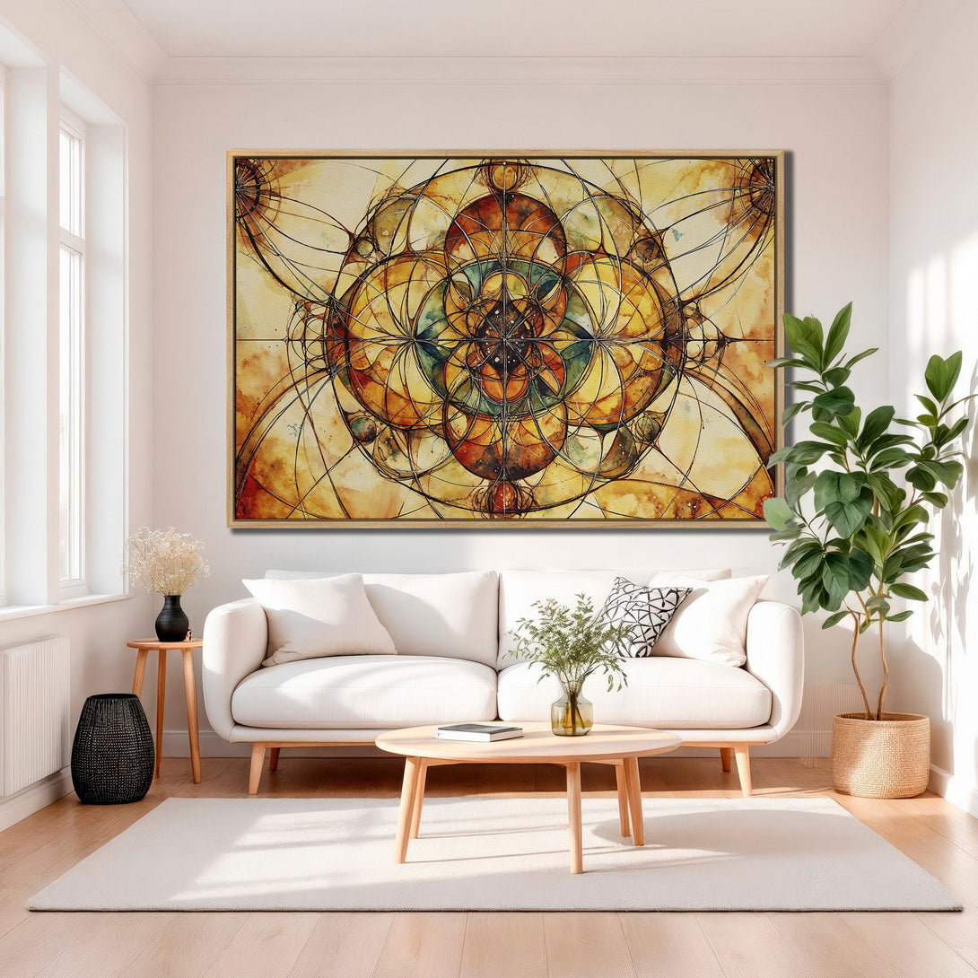 Framed Wall Art: Abstract geometric design in warm yellow, orange, and brown tones. Modern art canvas print adds a stylish touch to any living room.