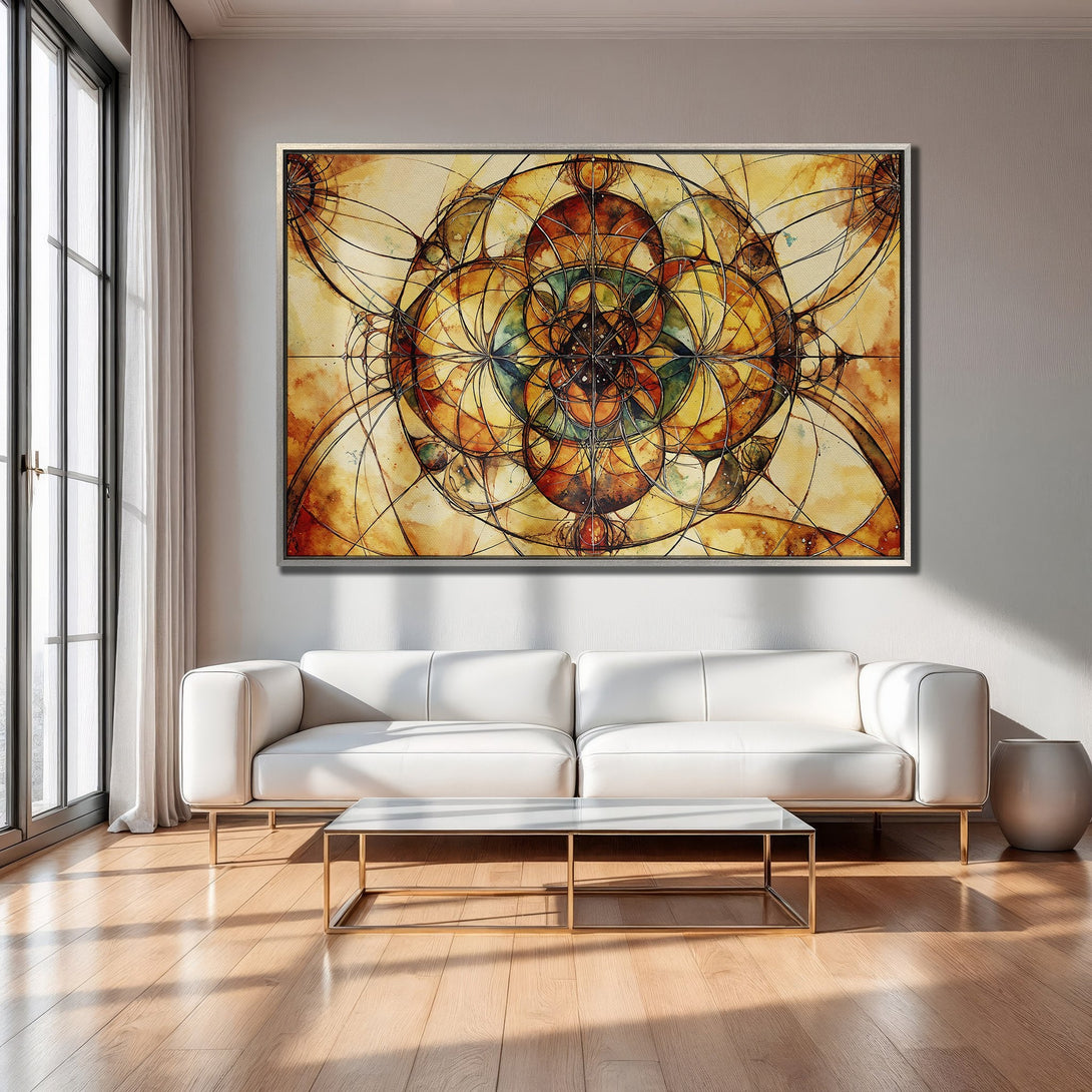 Framed Wall Art featuring an abstract geometric design in warm yellow and brown tones. Modern art canvas print for living room decor.