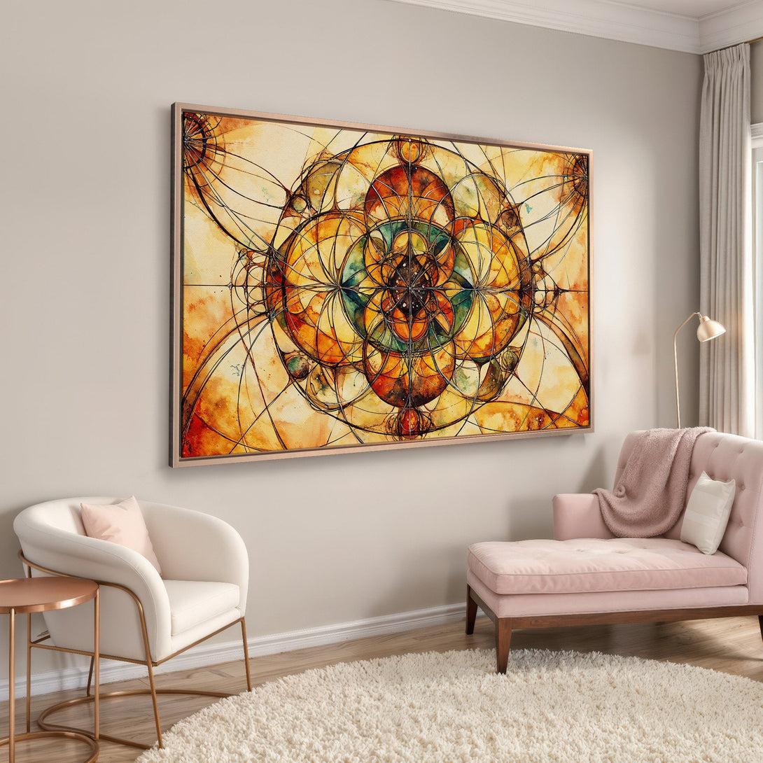 Framed Wall Art: Abstract geometric design in warm orange and yellow tones. Modern artwork adds a touch of elegance to any interior space.