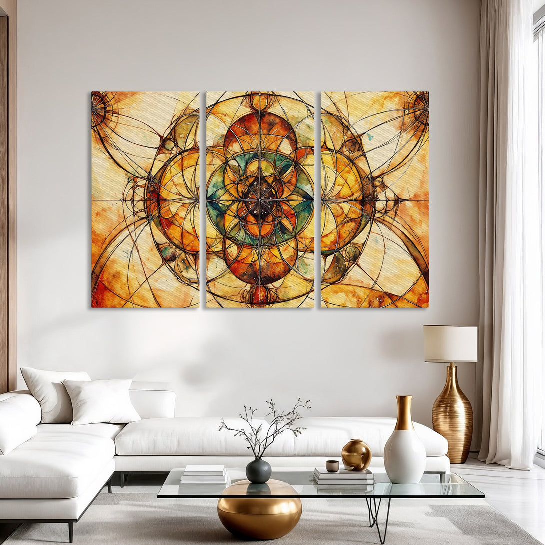 Abstract Canvas Print in warm orange and yellow tones. Modern art decor featuring a geometric design, perfect for living room or bedroom wall art.