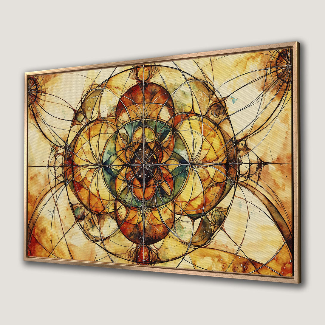 Framed Wall Art: Abstract geometric design in warm yellow, orange, and brown tones. Perfect for adding a touch of modern art to your home decor.