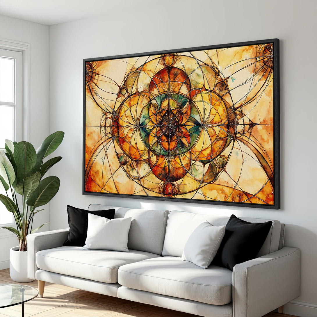 Framed Wall Art: Abstract geometric design in warm yellows and oranges. Modern art canvas print adds a pop of color to any space.