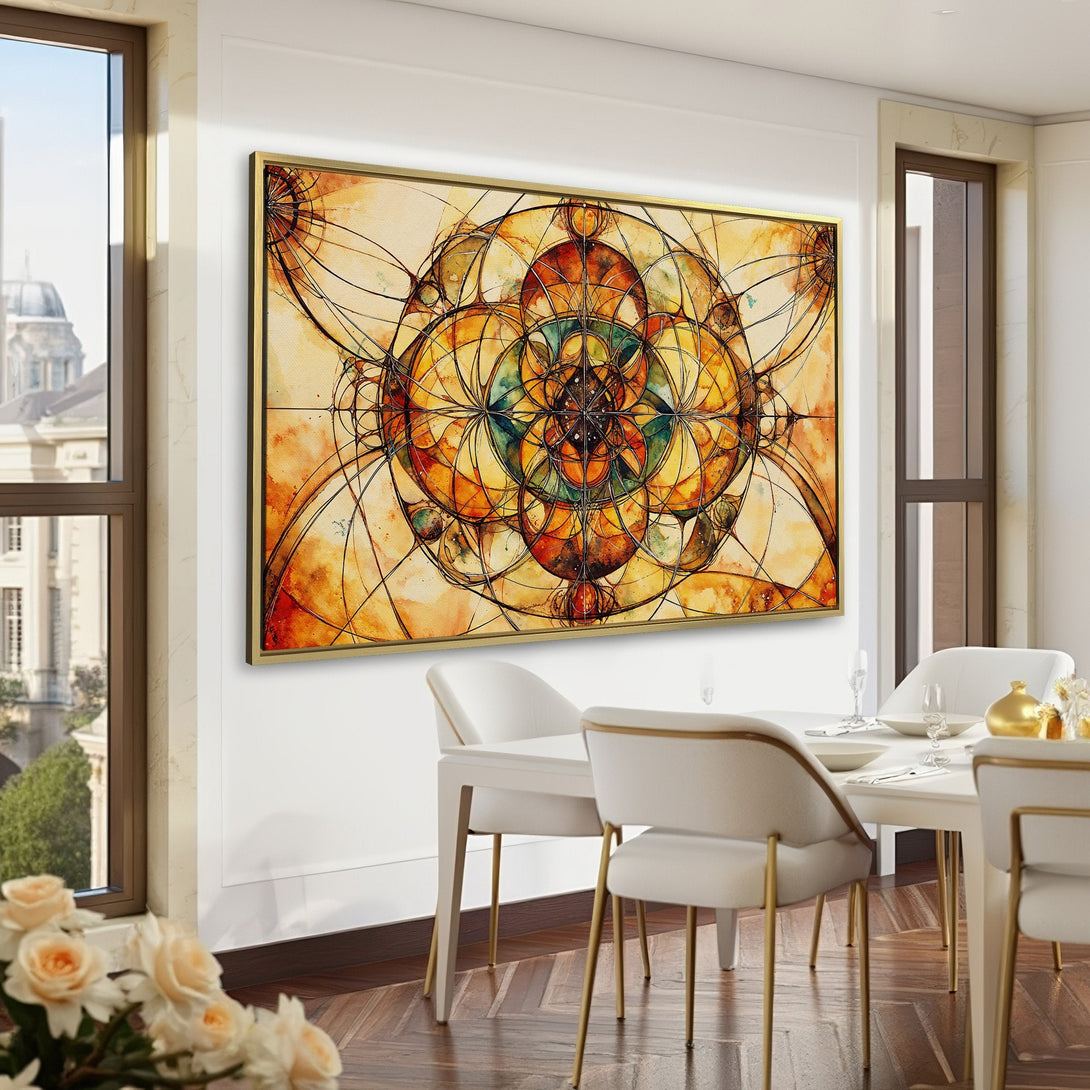 Canvas Print of abstract geometric art in warm yellow and brown tones, displayed in a stylish green interior. Perfect wall decor!