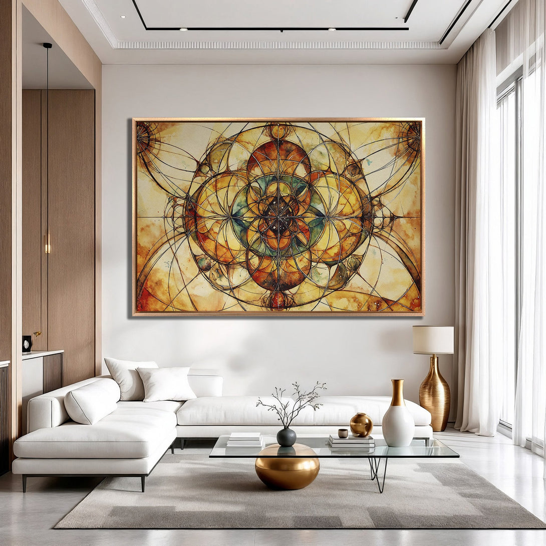 Framed Wall Art featuring an abstract watercolor design in warm orange and yellow tones. Modern art for a stylish living room.