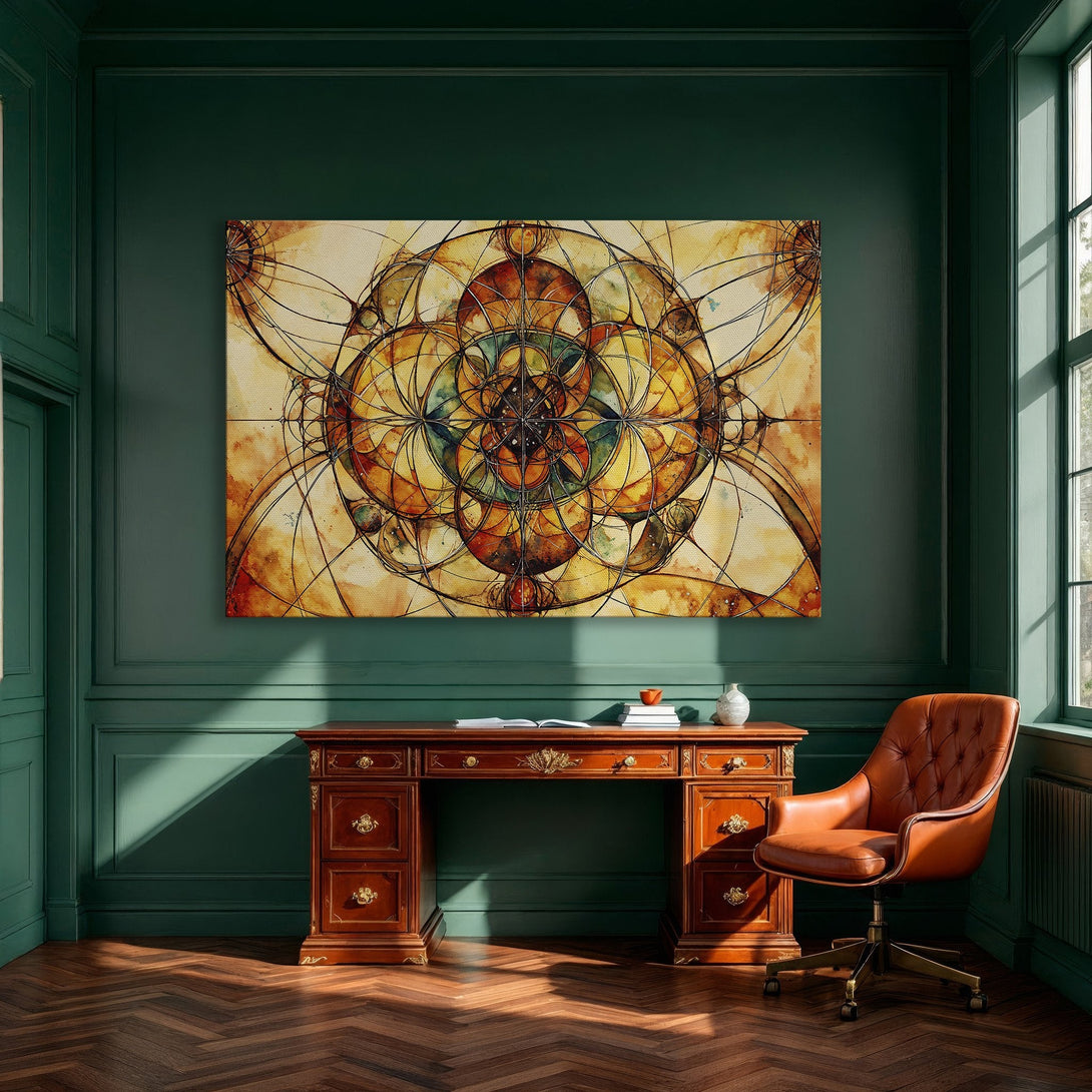 Framed Wall Art: Abstract geometric design in warm orange and yellow tones. Modern canvas print adds a touch of elegance to any dining room.