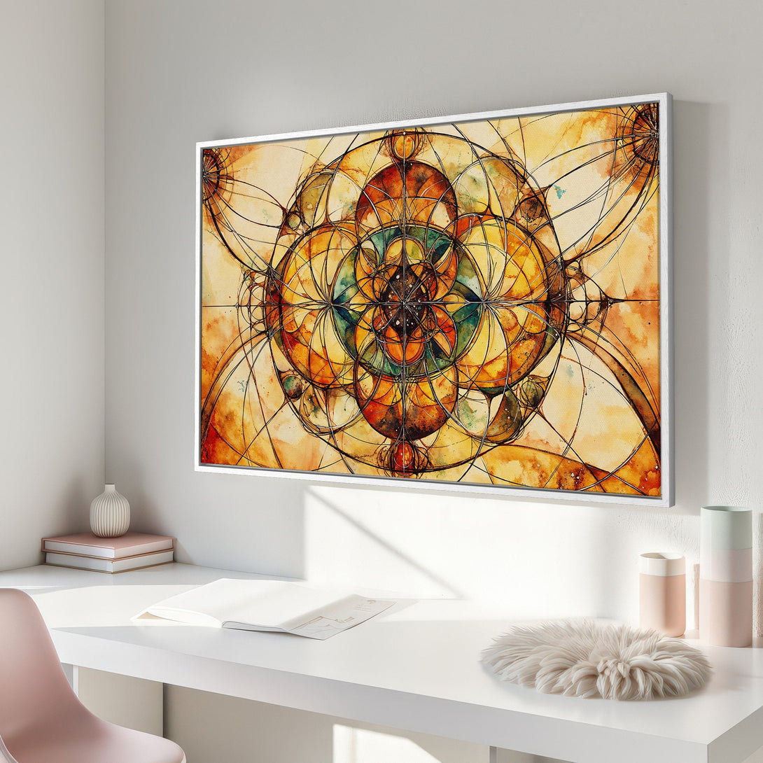 Framed Wall Art: Abstract geometric design in warm yellow and orange tones. Modern art canvas print for a stylish home decor upgrade.
