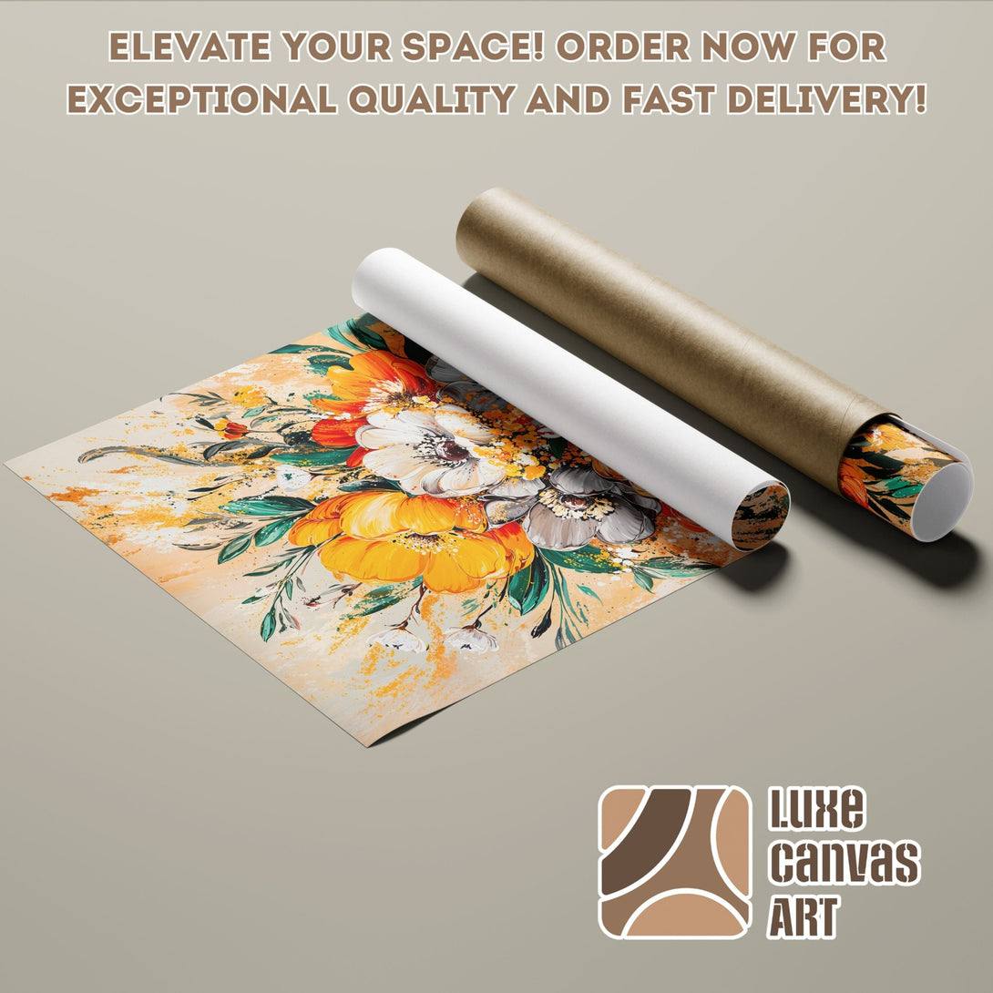 Poster Roll featuring a vibrant floral painting. Artistic style with warm yellow, orange, and green hues. Elevate your space!
