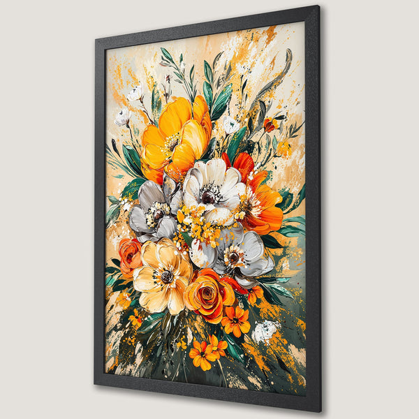 Framed Poster featuring vibrant floral artwork in a painterly style with a warm yellow, orange, and green color palette.