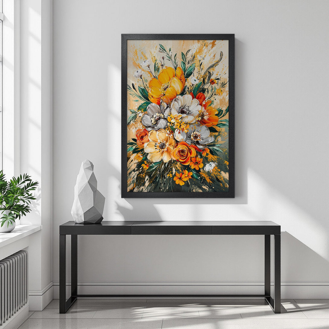 Framed Poster featuring a vibrant floral bouquet art print with a warm, yellow and orange color palette. Perfect wall decor!