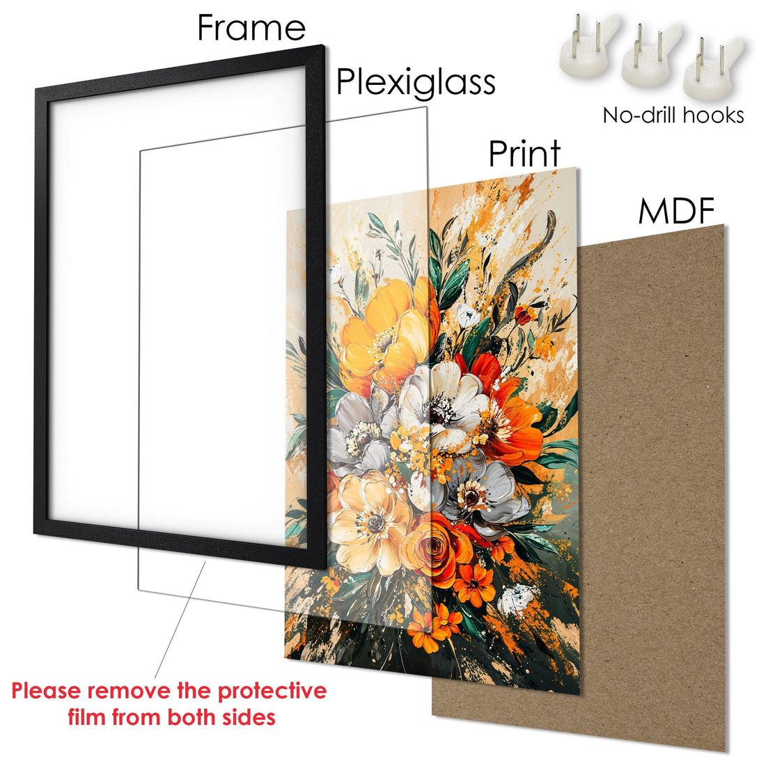Framed Poster: Floral art print in warm orange, yellow, and white tones. Modern abstract style, perfect for home decor.
