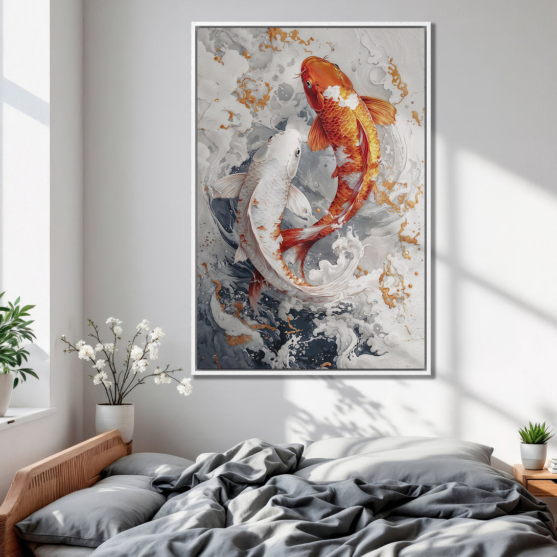 Framed Wall Art: Koi fish canvas print in a modern style. Features a soothing gray, white, and orange color palette, perfect for bedroom decor.