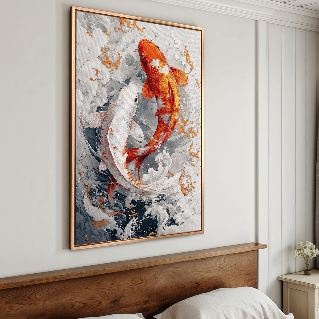 Framed Wall Art: Koi fish Canvas Print. Modern art with orange, white, and gray tones. Perfect for bedroom decor.
