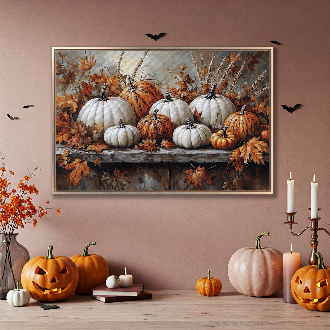 Framed Wall Art: Autumnal pumpkin still life in warm orange and white tones. Perfect for fall decor!