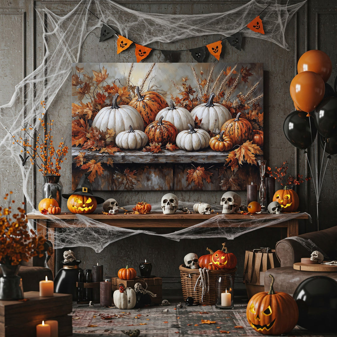 Framed Wall Art: Autumn pumpkins & leaves in warm orange & white tones. Perfect Halloween decor for a cozy, seasonal vibe.