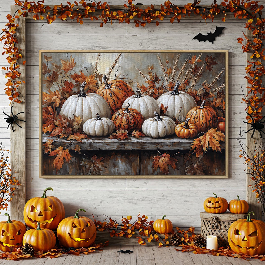 Framed Wall Art: Autumn pumpkin painting in warm orange & white tones. Perfect fall decor for your home!