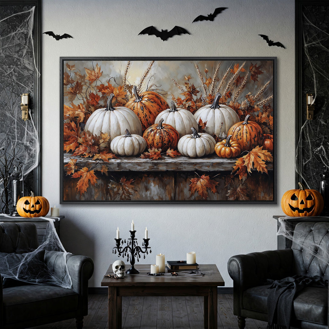 Framed Wall Art: Autumn pumpkins canvas print in warm orange and white tones. Perfect Halloween decor for your home.