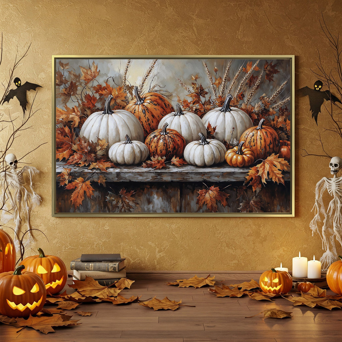 Halloween Canvas Print featuring pumpkins in warm orange and white hues. Perfect fall decor!