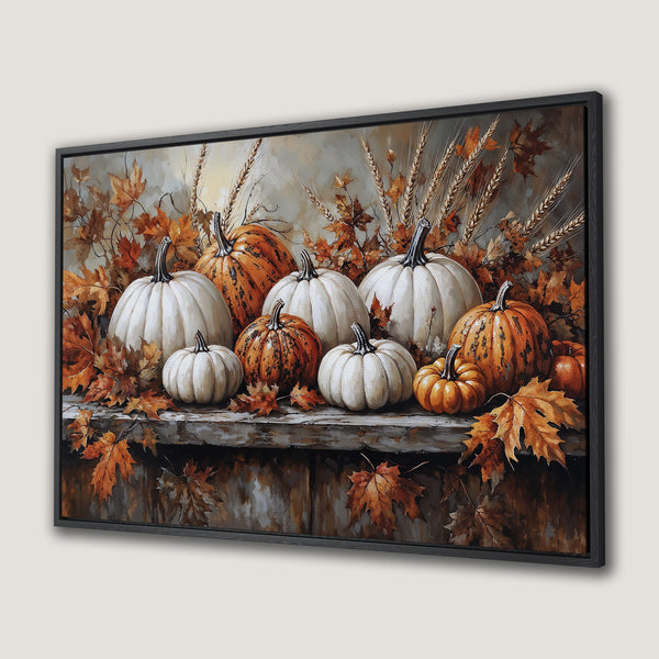 Framed Wall Art: Autumn pumpkins and leaves in warm orange and white tones. Rustic style Canvas Print perfect for fall decor.