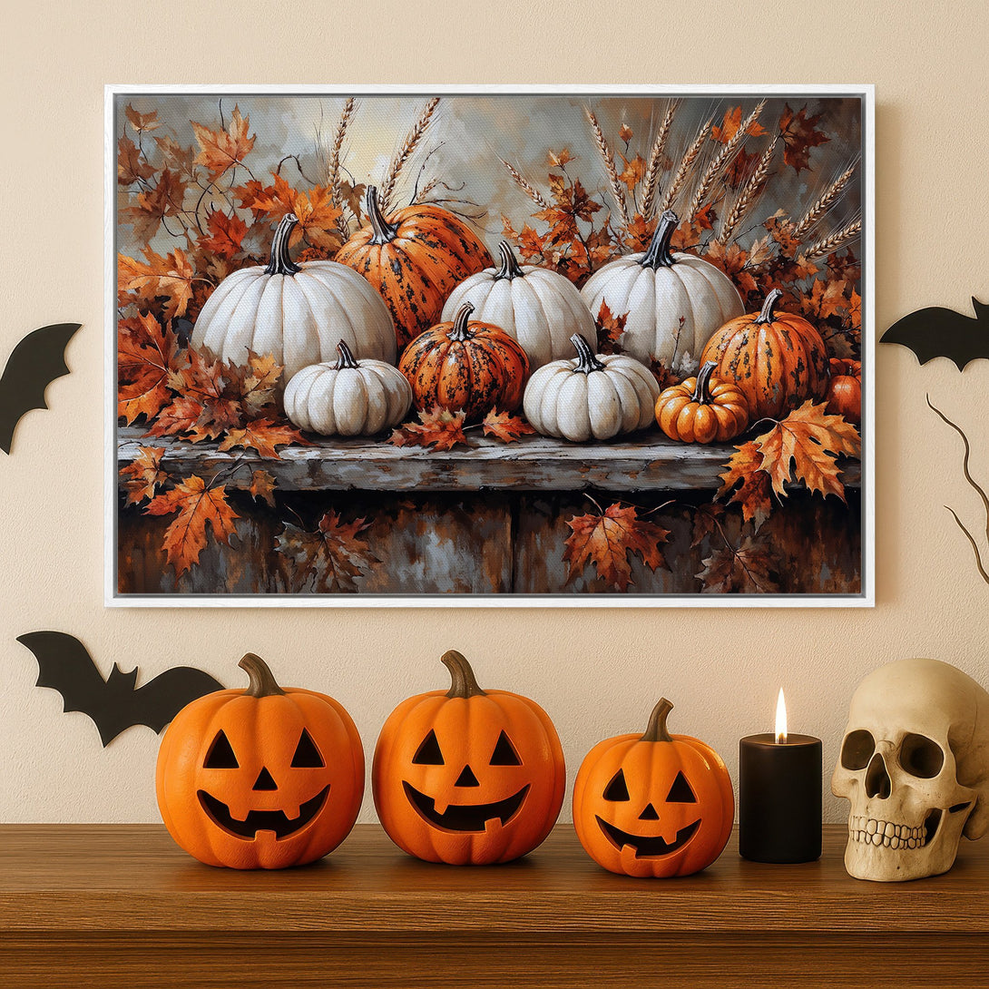 Framed Wall Art: Autumn pumpkin still life in warm orange and white tones. Perfect fall decor for your home!