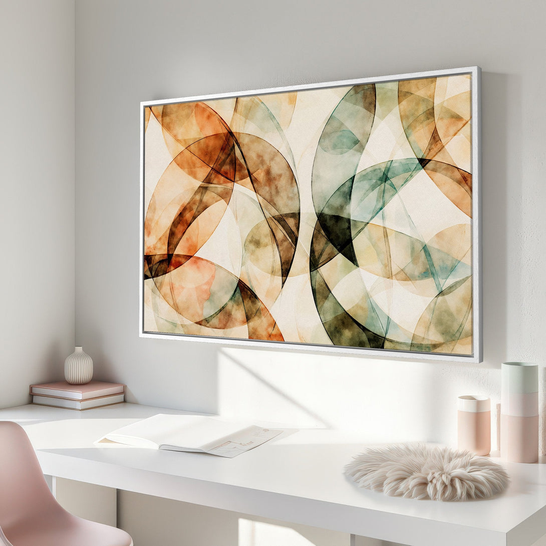 Framed Wall Art featuring abstract watercolor circles in warm earth tones. Modern art Canvas Print perfect for any interior.