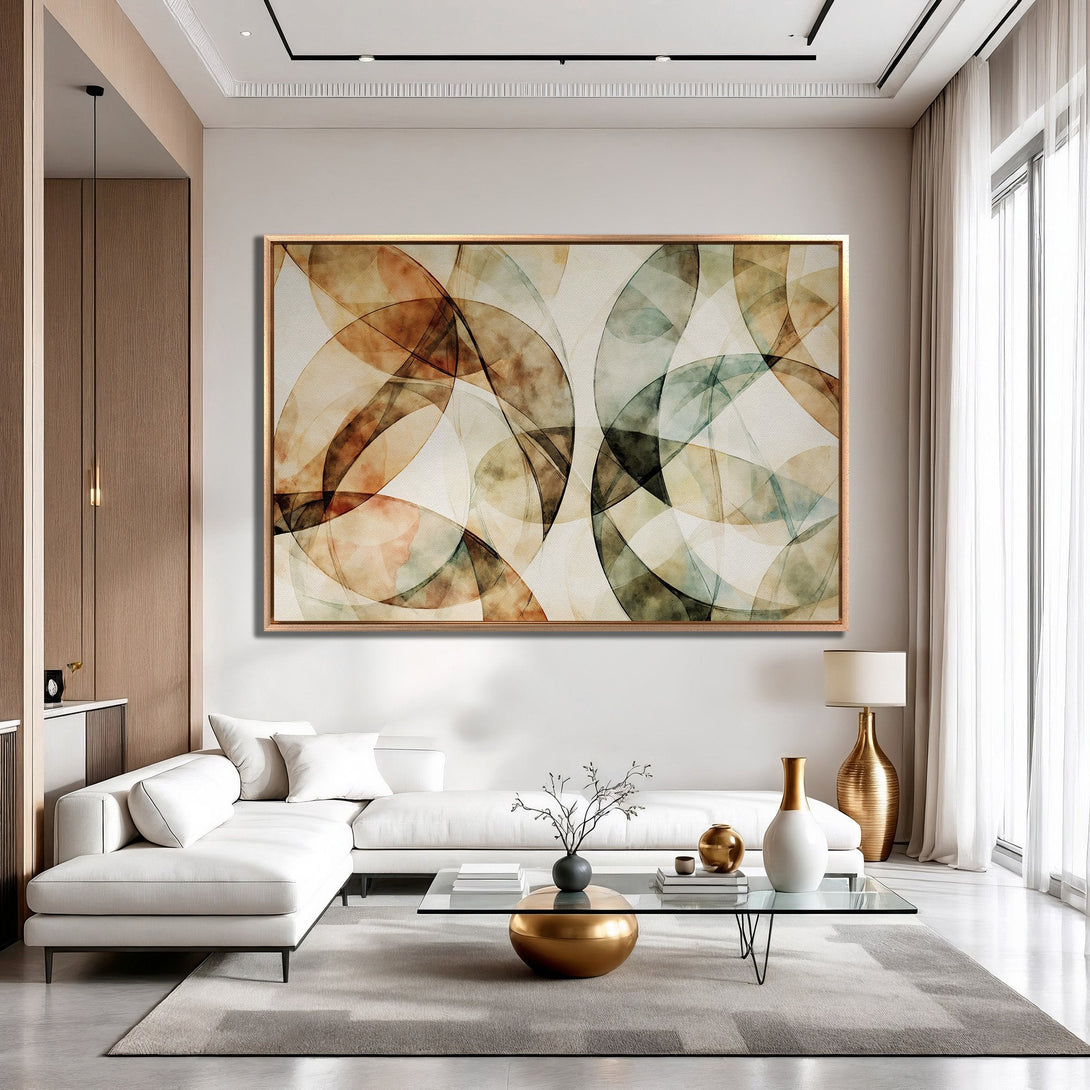 Framed Wall Art featuring abstract watercolor circles in warm earth tones. Elevate your space with this modern, stylish Canvas Print!