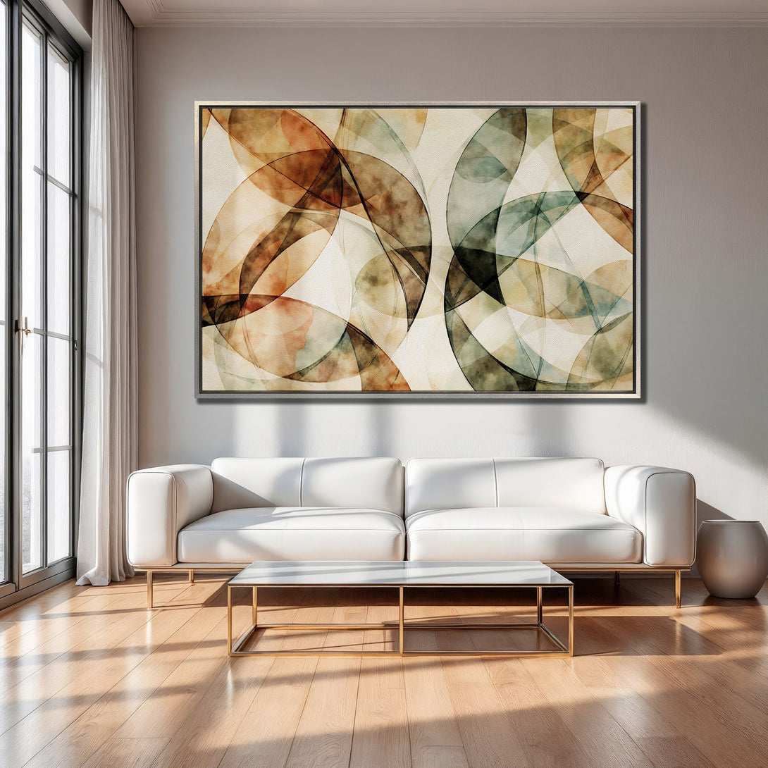 Framed Wall Art: Abstract geometric art in warm earth tones. Modern living room decor with a neutral color palette. Elevate your space with this stunning piece!