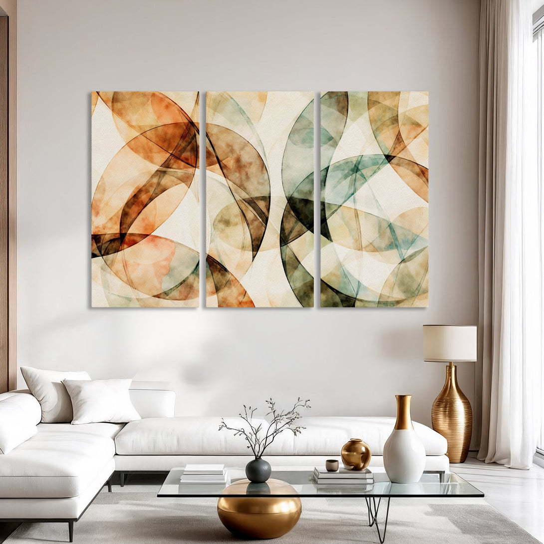Abstract Canvas Print art in warm earth tones. Modern wall decor featuring overlapping watercolor circles in orange, brown, and teal. Perfect for living room.