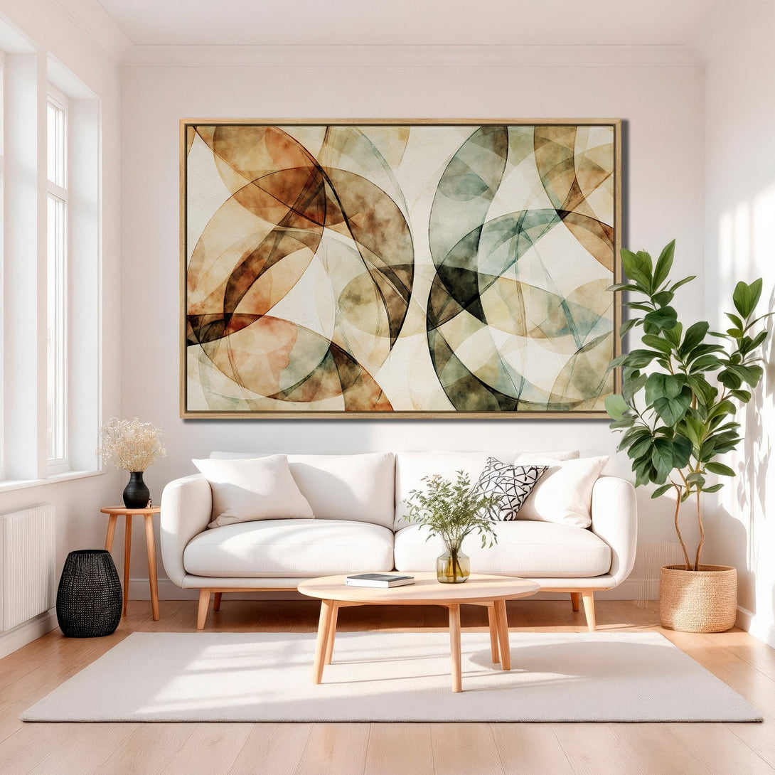 Framed Wall Art: Abstract geometric art in warm neutral tones. Modern canvas print adds a touch of elegance to any living room decor.