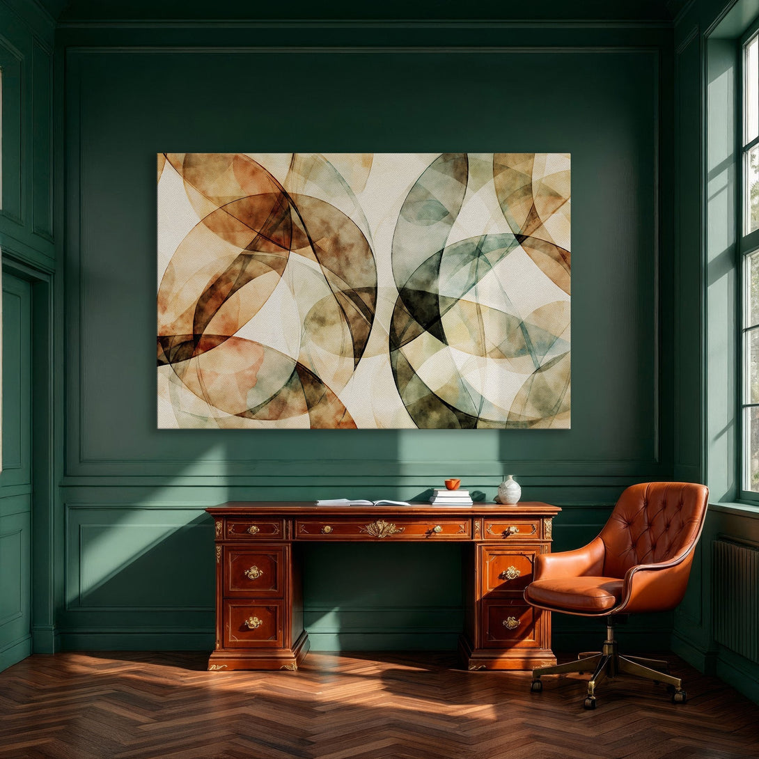 Framed Wall Art: Abstract watercolor circles in warm earth tones. Modern art canvas print adds style to any dining room.