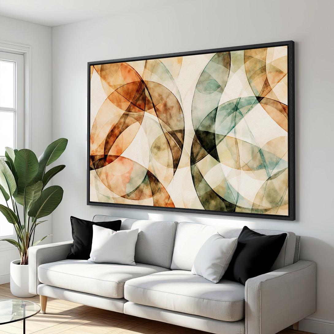 Framed Wall Art featuring abstract watercolor circles in warm earth tones. Modern art print perfect for living room decor.