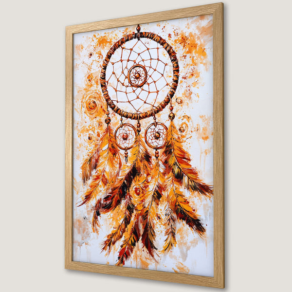 Framed Poster featuring a dreamcatcher in an abstract style with warm orange and brown tones. Perfect wall art!