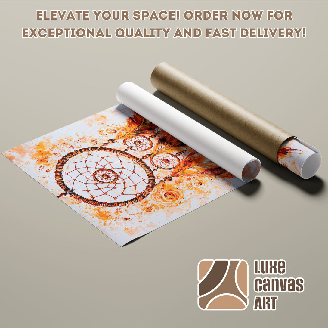 Dreamcatcher Poster Roll, abstract art with orange and brown tones. Elevate your space with high-quality art!