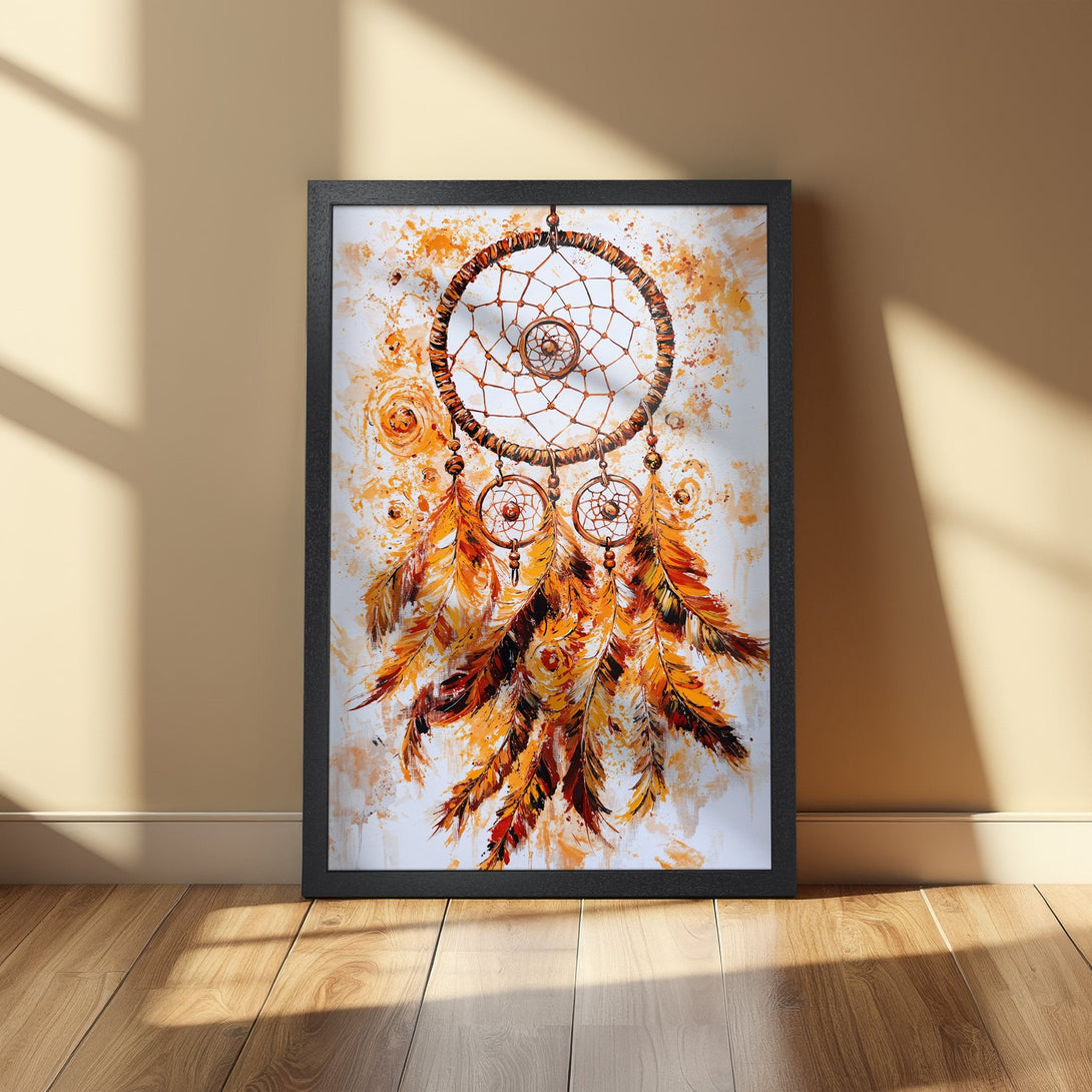 Framed Poster featuring a dreamcatcher in warm orange tones, artistic style. Perfect wall art for a boho vibe.