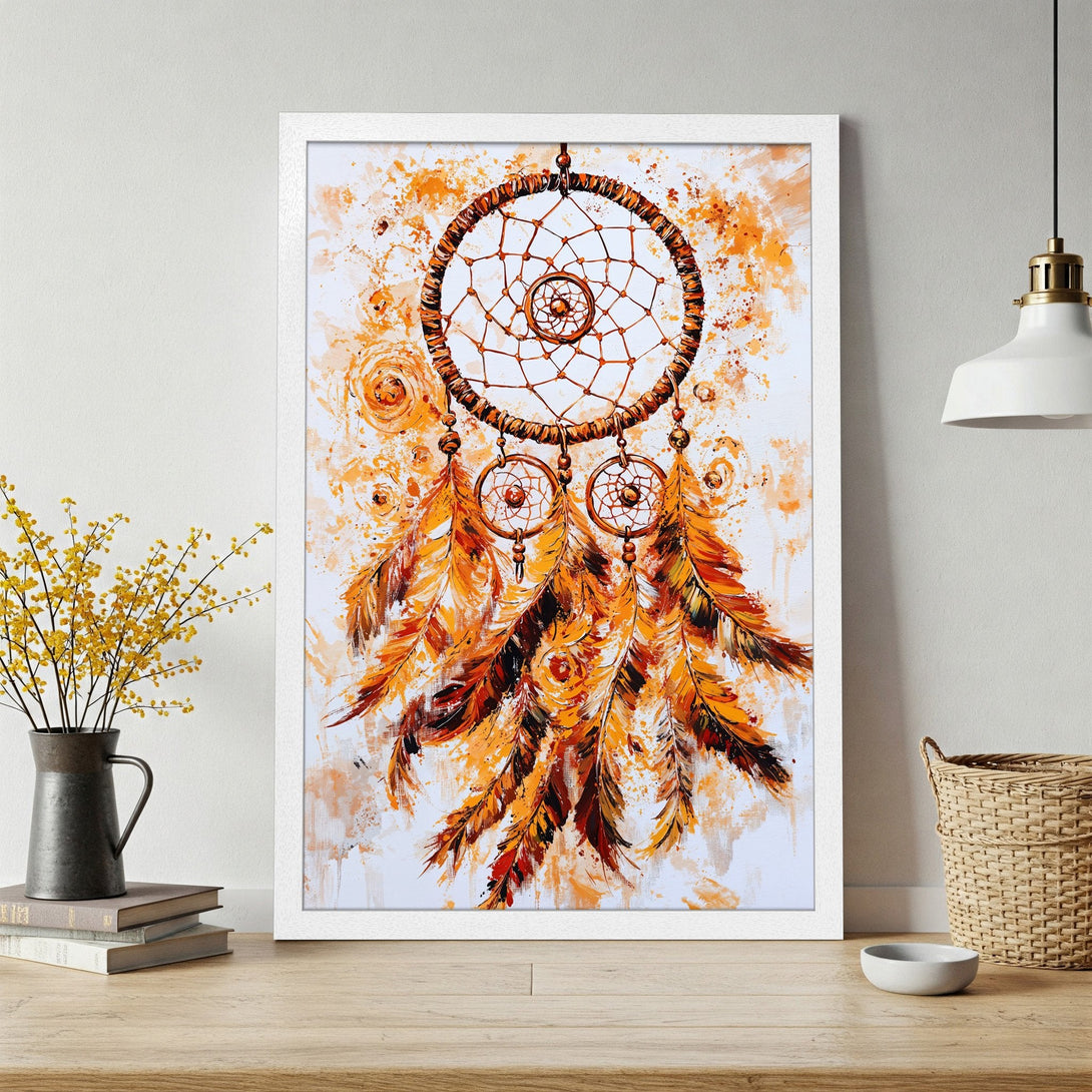 Framed Poster featuring a dreamcatcher in an abstract style with an orange and brown color palette, perfect for home decor.
