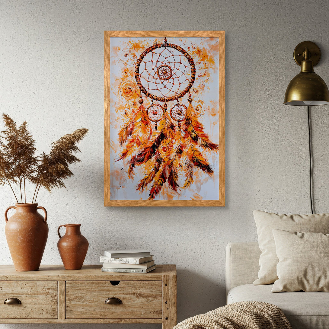 Framed Poster of a dreamcatcher, featuring a warm orange and brown color palette. Bohemian style art print for home decor.