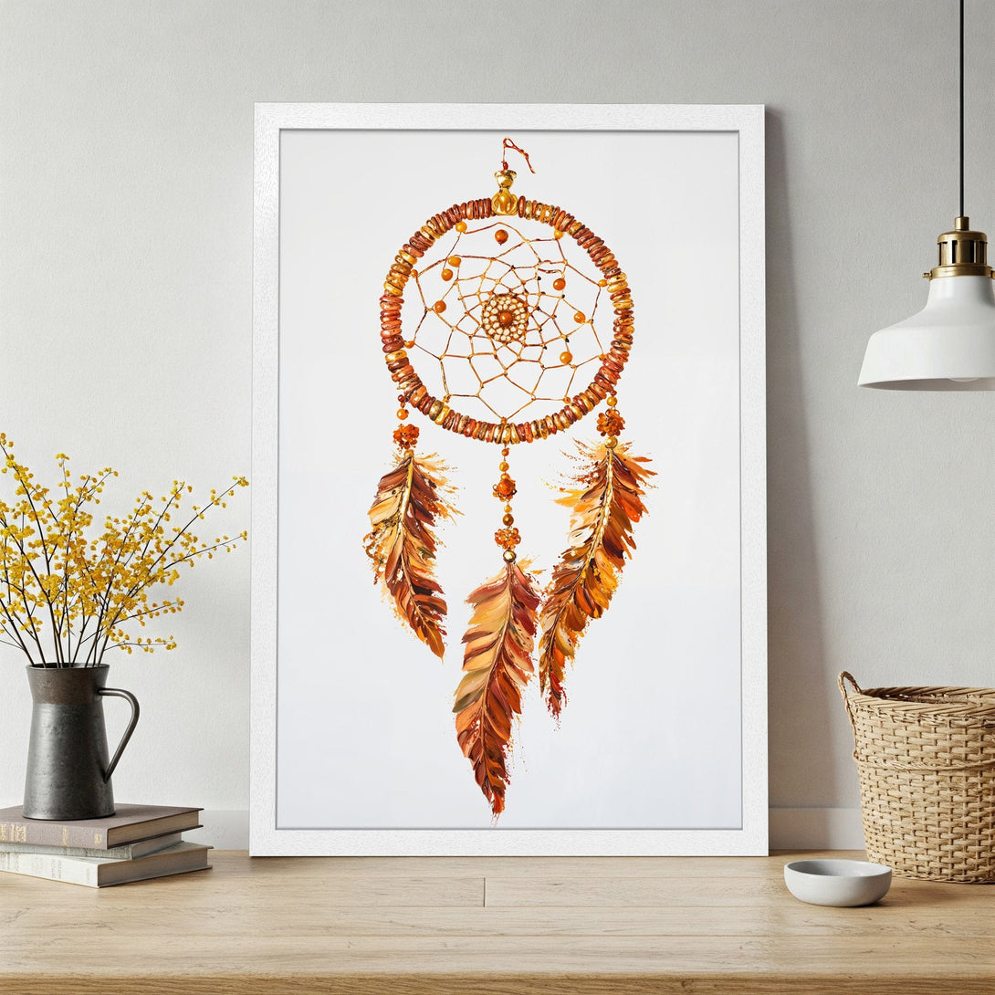 Framed Poster featuring a dreamcatcher in warm orange and brown tones. Perfect boho wall art for your home decor!