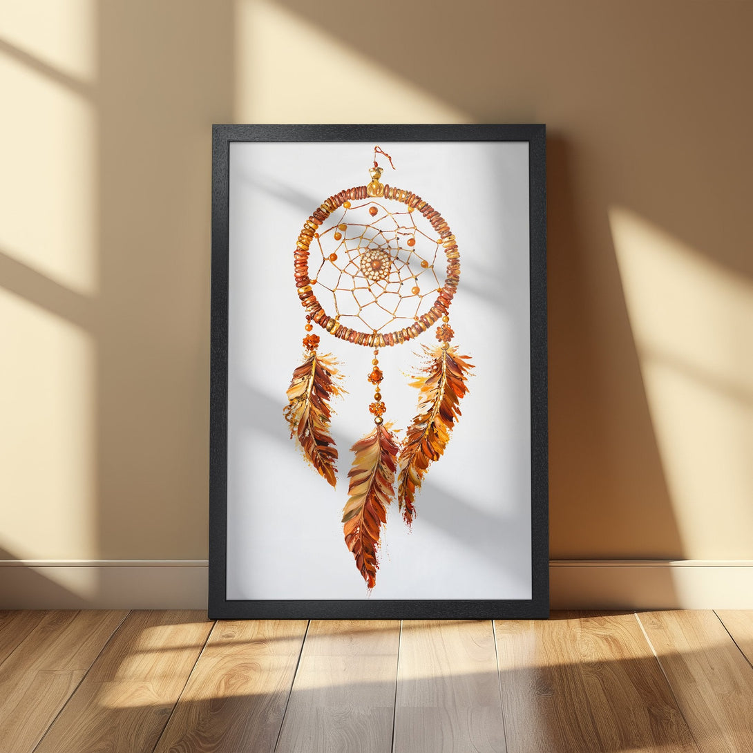 Framed Poster featuring a watercolor dreamcatcher in warm orange and brown tones. Perfect boho wall art for a cozy space.