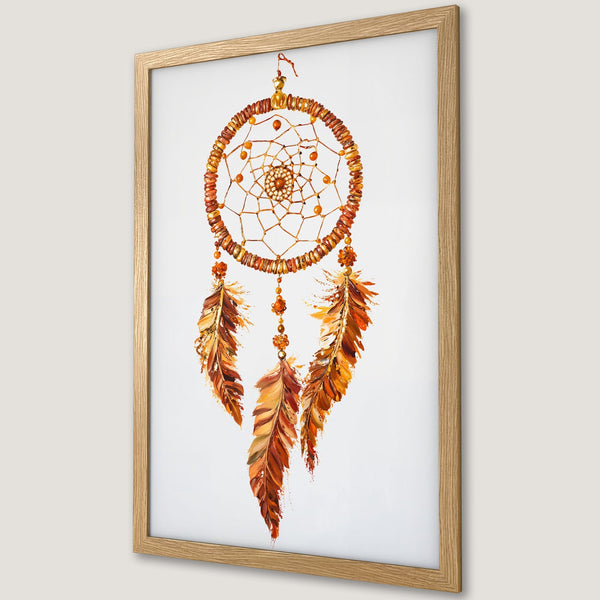 Framed Poster featuring a dreamcatcher in warm orange and brown tones, perfect for boho decor. Add a touch of art to your space!