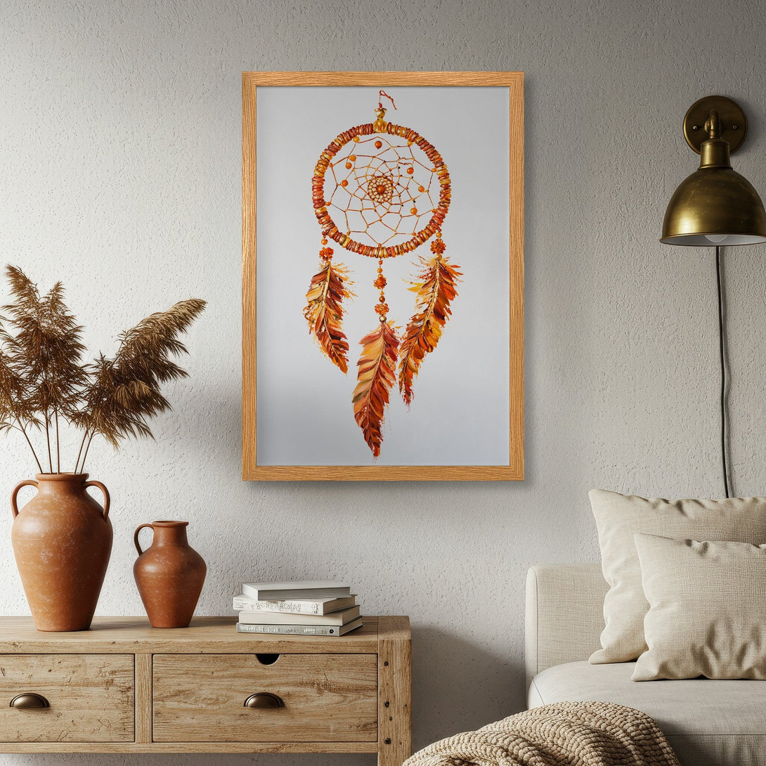 Framed Poster featuring a dreamcatcher in warm orange and brown tones. Perfect boho wall art for a cozy living room. Shop now!