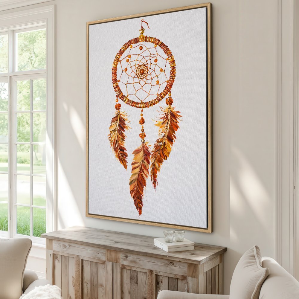 Framed Wall Art: Dreamcatcher canvas print in warm orange and brown tones, perfect for boho decor. Add a touch of serenity to your space!
