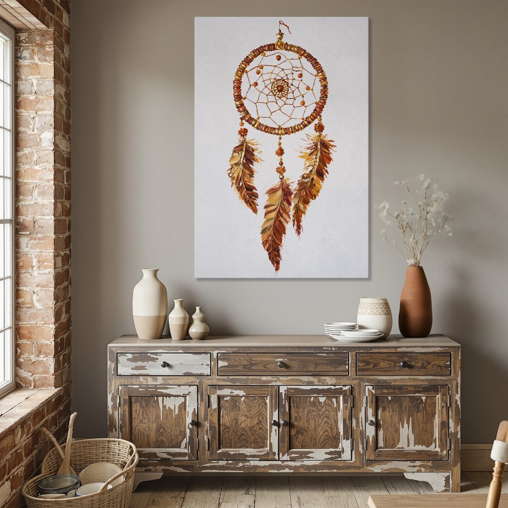 Framed Wall Art: Dreamcatcher print in warm orange and gold tones. Boho style canvas art for living room or dining room decor.