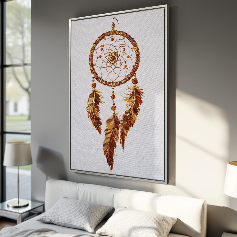 Framed Wall Art: Dreamcatcher canvas print in warm earth tones. Perfect boho decor for bedroom or living room. Add a touch of tranquility!