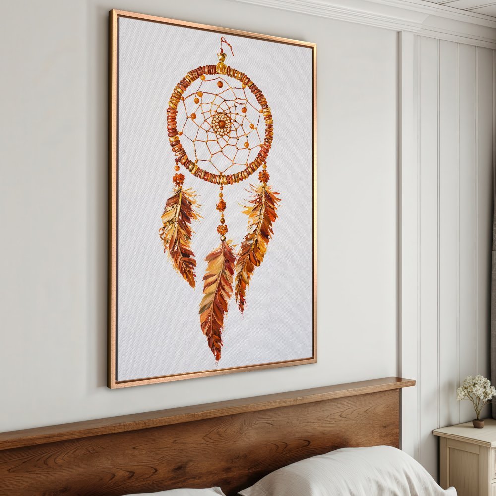 Framed Wall Art: Dreamcatcher Canvas Print in warm orange and gold tones. Boho style wall decor for a cozy bedroom.
