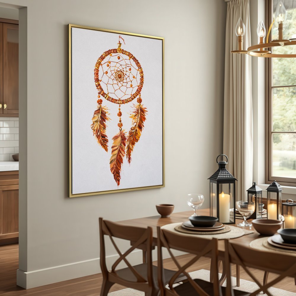 Canvas Print of a dreamcatcher in warm earth tones. Boho wall art for a cozy, stylish home.