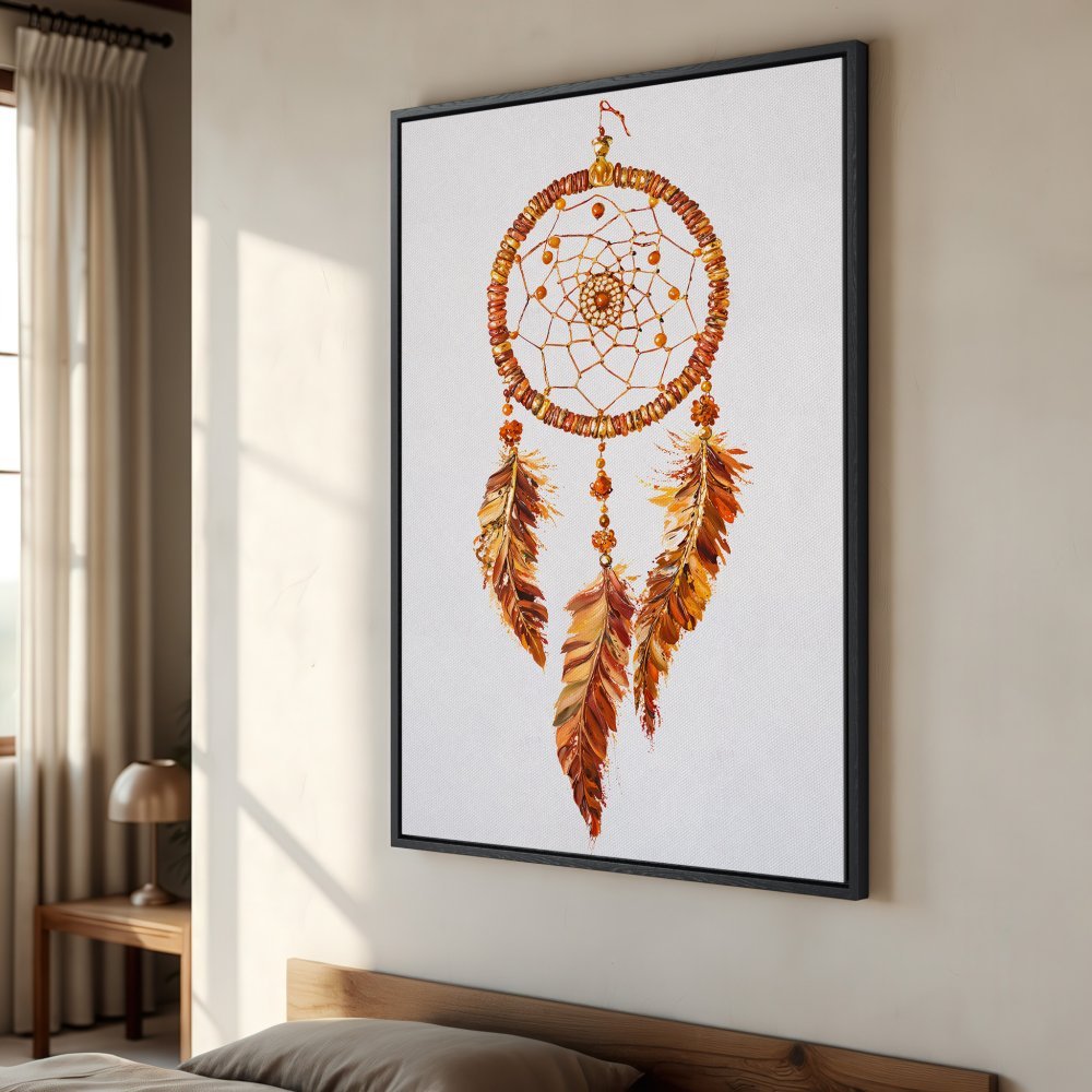 Framed Wall Art: Dreamcatcher Canvas Print in warm orange tones. Bohemian style art for bedroom decor. Add a touch of serenity to your space!